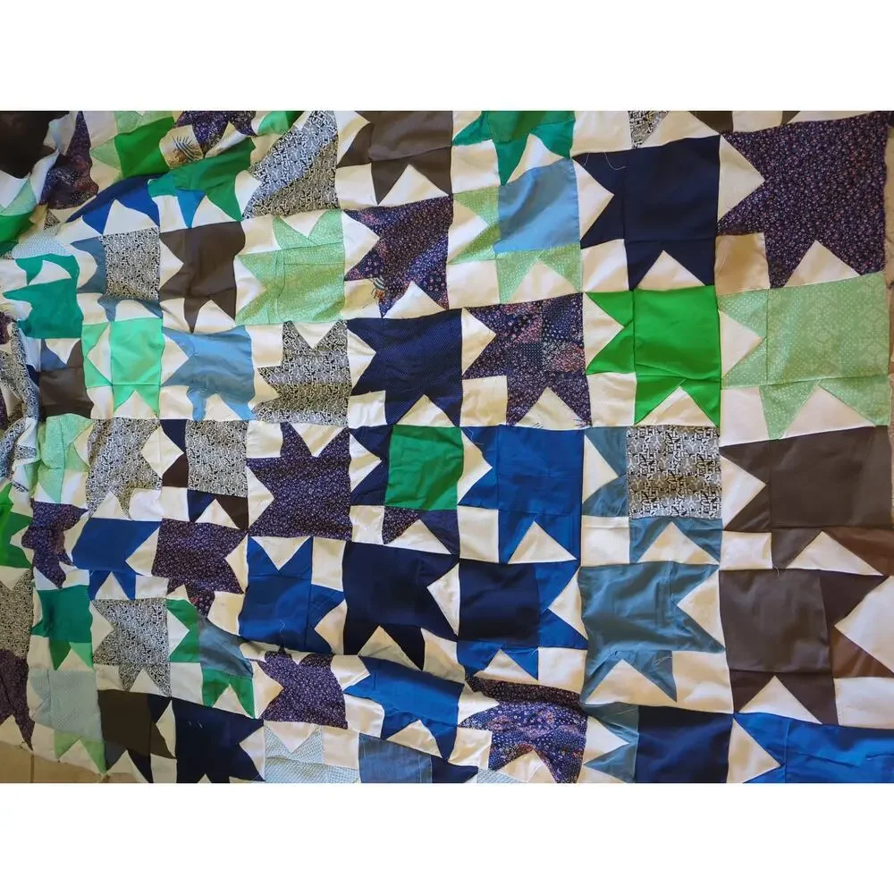 Vintage 70s Mixed Calico Star Patchwork Unfinished Quilt Top - 69